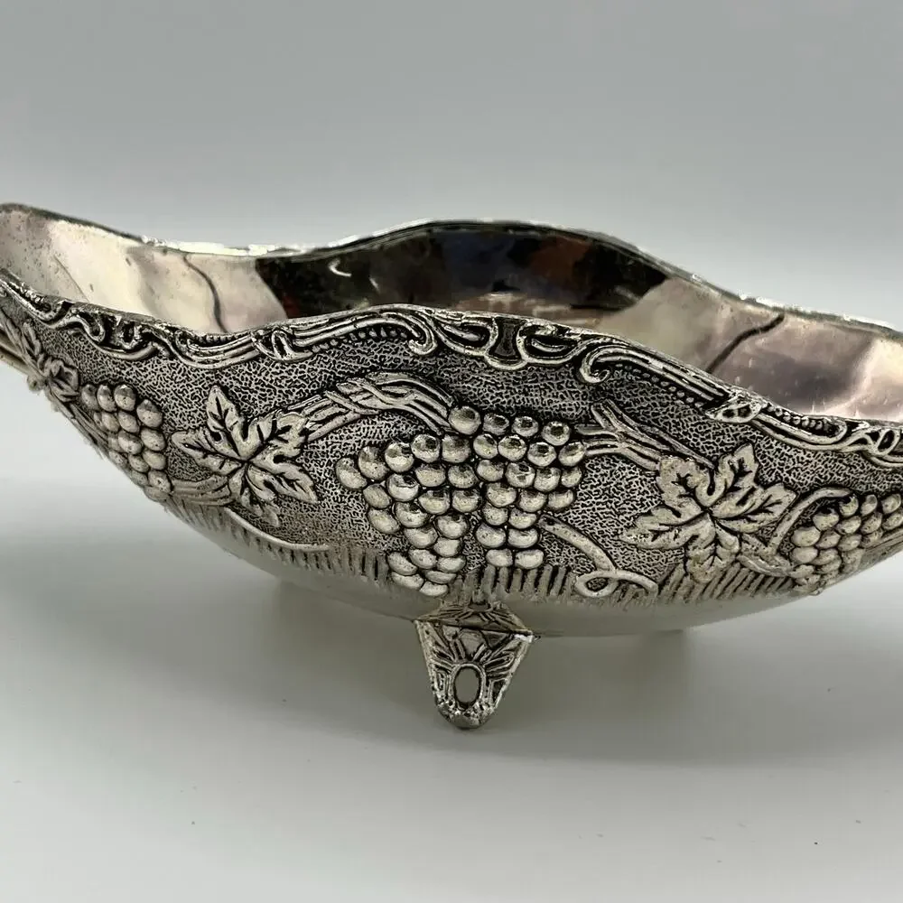 Vtg Godinger Silver Plated Footed Bowl & Set of 4 Serving Utensils Grape Pattern